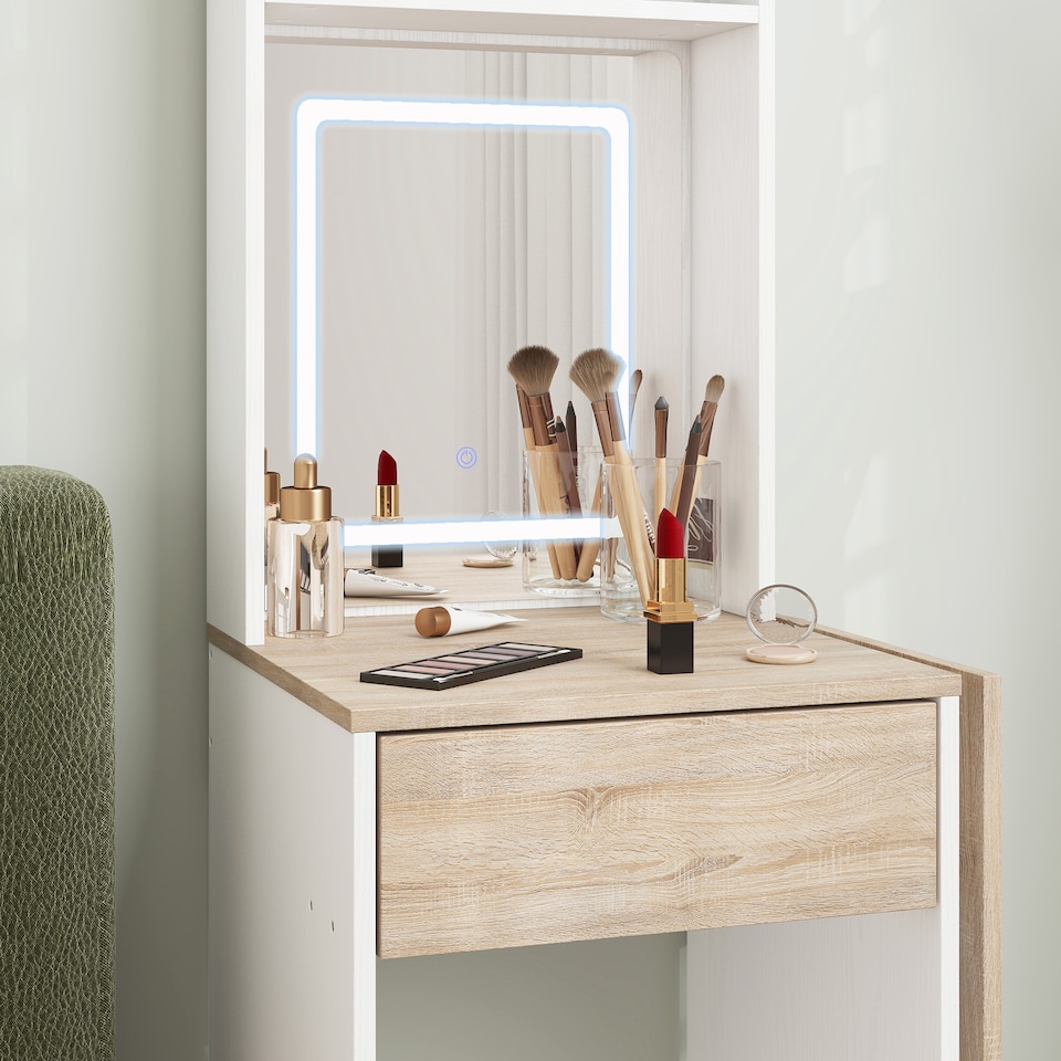 image 1 of HOMCOM Compact Dressing Table with Lighted Mirror Open Shelves Drawer | White