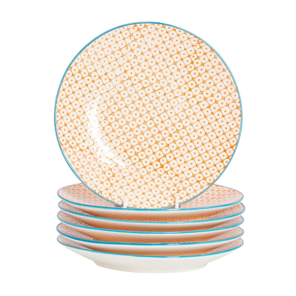 image 1 of Nicola Spring Hand-Printed Side Plates - 18cm - Orange - Pack of 6 Blue