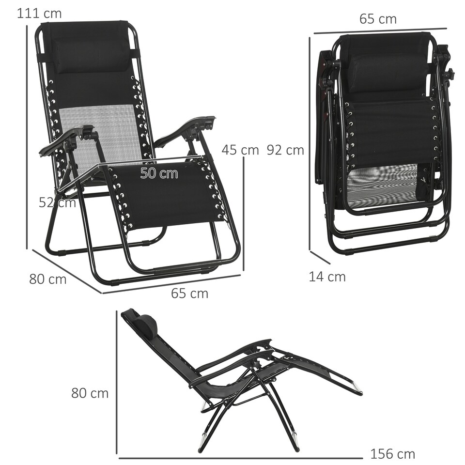 image 1 of Outsunny Garden Recliner Chairs Set of 2, Outdoor Foldable Zero Gravity Chairs Set with Footstool and Detachable Headrest, Black