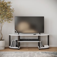 URBNLIVING Wide TV Unit Stand S-Tube Entertainment Centre with Storage Shelf, Modern Living Room Cabinet | Cream | White with Black Legs | One Size | 1