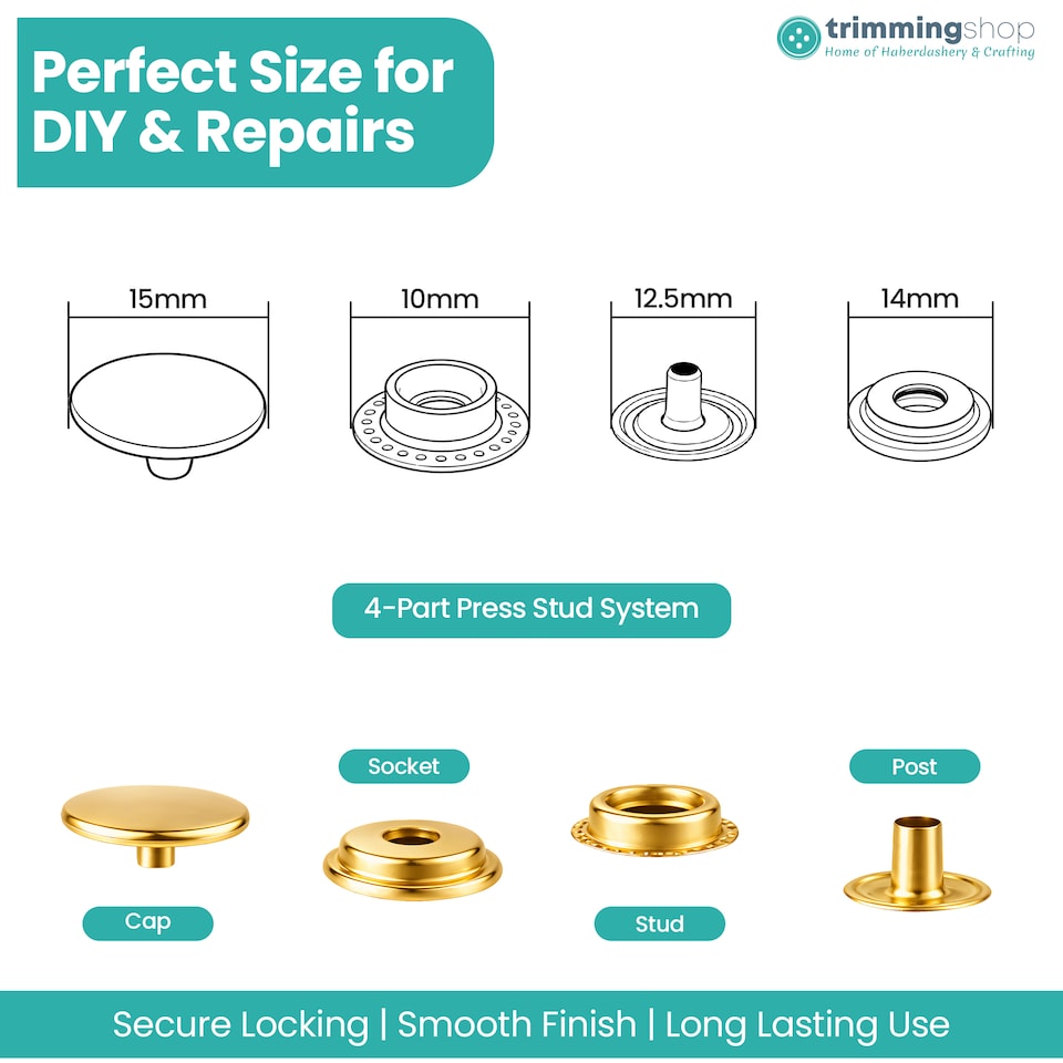 image 1 of 15mm Press Studs 4 Part No Sew Buttons, Durable & Lightweight - 100pcs