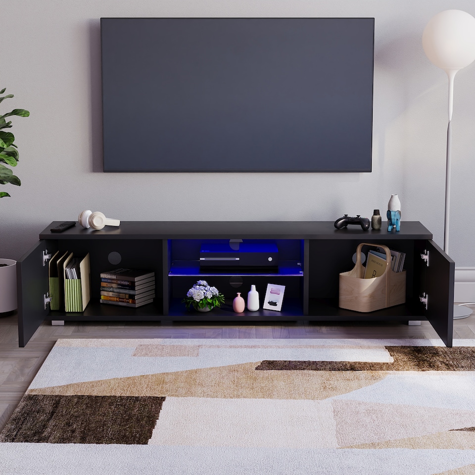 image 1 of Vida Designs Cosmo 2 Door LED TV Unit Entertainment Stand, 160cm, Black | Black | 1