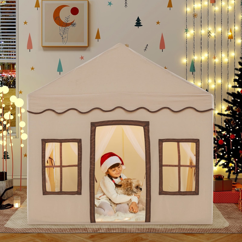 image 1 of COSTWAY Kids Play Tent 3-4 Kids Large Play Tent House w/2 Opening Doors-Beige