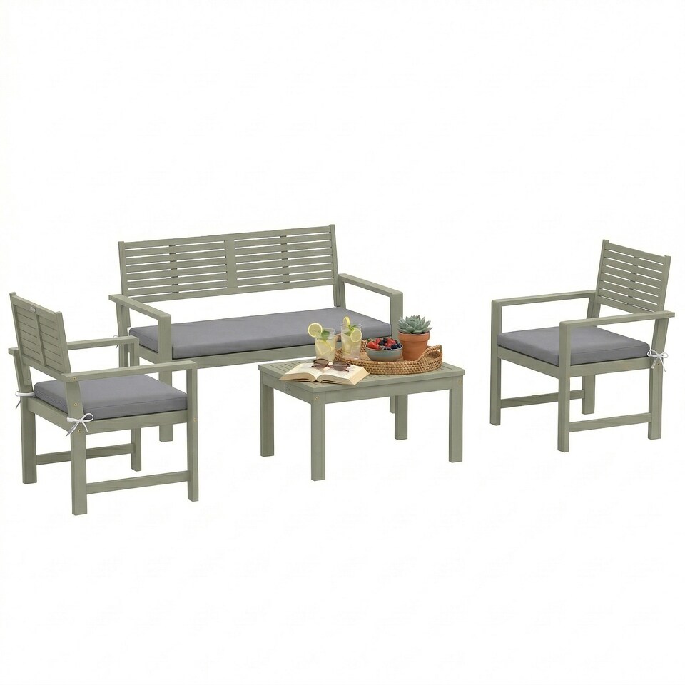 image 1 of Outsunny 4 Seater Wooden Garden Furniture Set with Loveseat, Chairs, Table | Grey | Light Grey | Four Seater