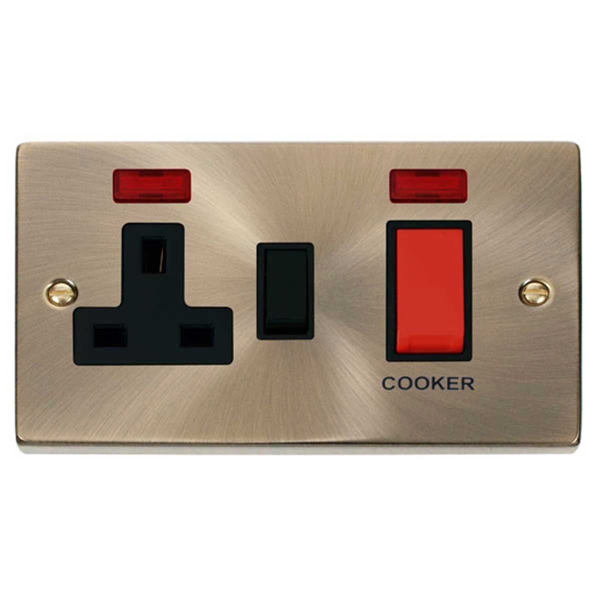 SE HOME Antique Brass Cooker Control 45A With 13A Switched Plug Socket & 2 Neons Brown Antique Brass