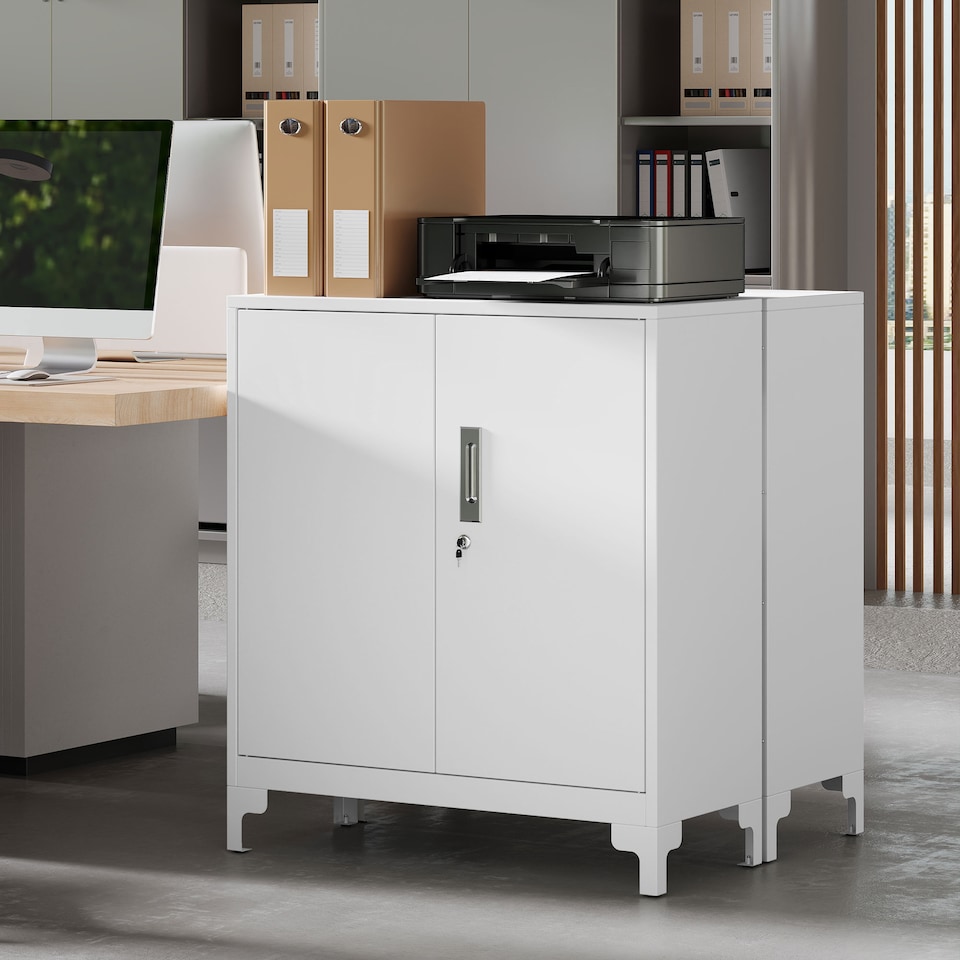 image 1 of HOMCOM Lockable Metal Filing Cabinet, 2-Tier Storage Cupboard | White | White | 80 x 35 x 91 cm