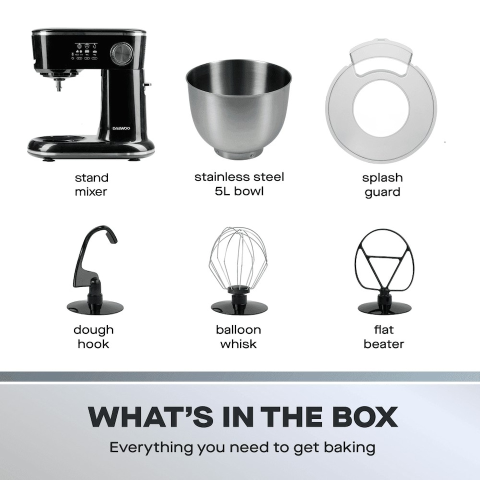 image 1 of Daewoo 3-in-1 1000W 5L Baking Stand Mixer Kit with Splashguard Black | Silver