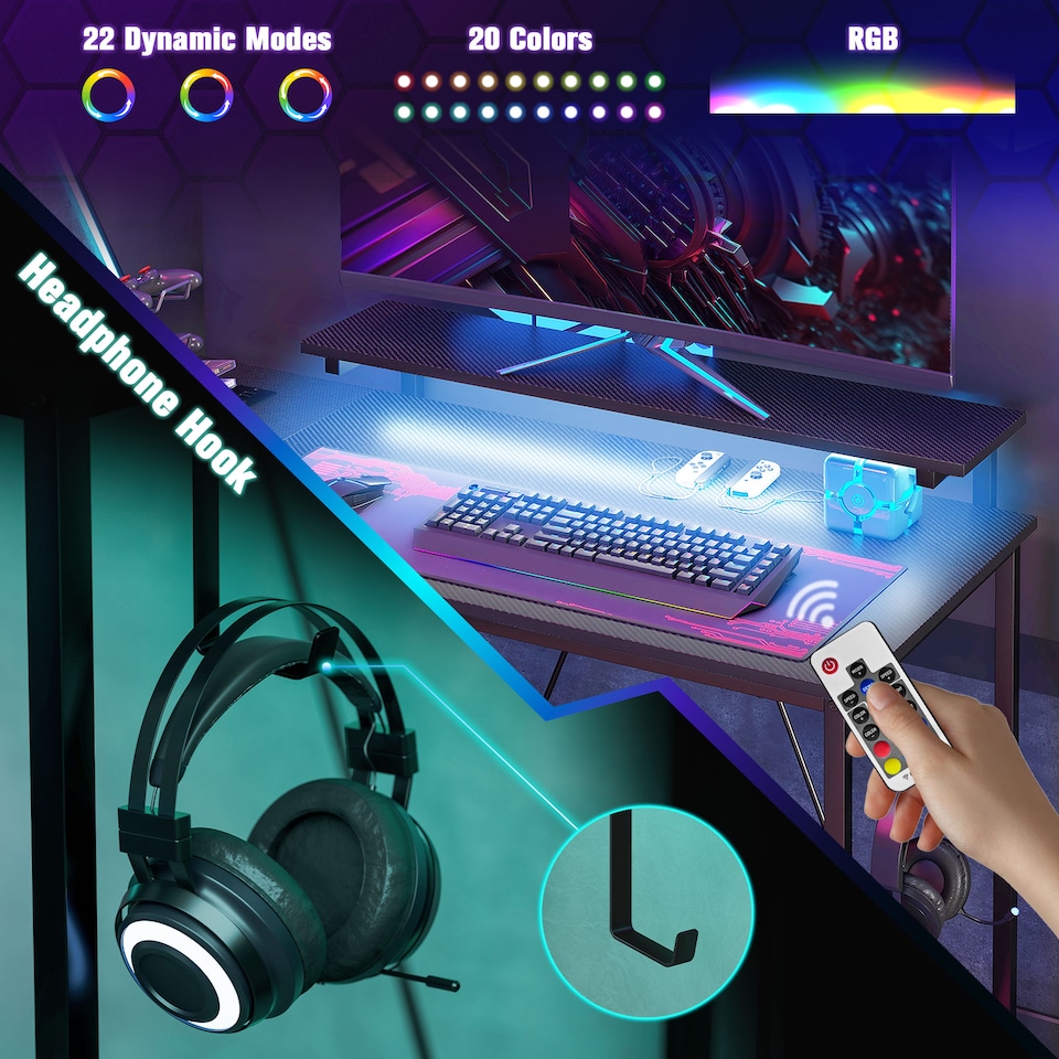 image 1 of HOMCOM L Shaped Gaming 107cm Corner Desk with LED Lights and Storage, Black