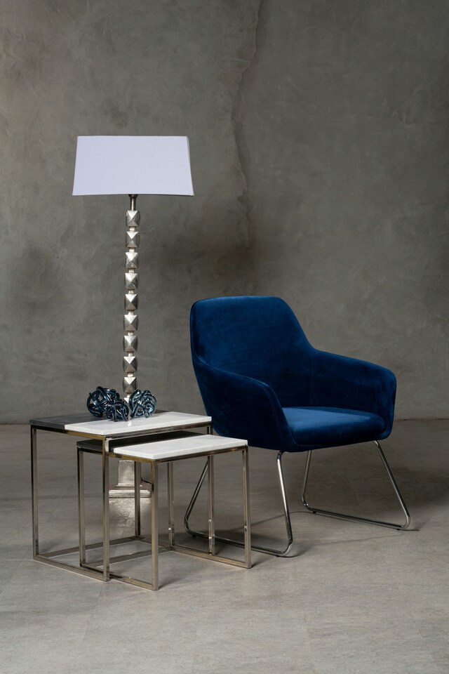 image 1 of Interiors by Premier Large Faceted Floor Lamp, Nickel Finish Textured Cubic Base, Contemporary Floor Light With White Fabric | Black