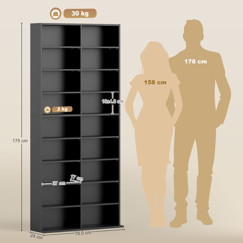 image 1 of HOMCOM 640 CD360 DVD Storage Unit, Blu-ray Media Storage Shelf with 18 Compartments and 14 Adjustable Shelves, CD Tower for Living Room, Bedroom, Office, Black | Black