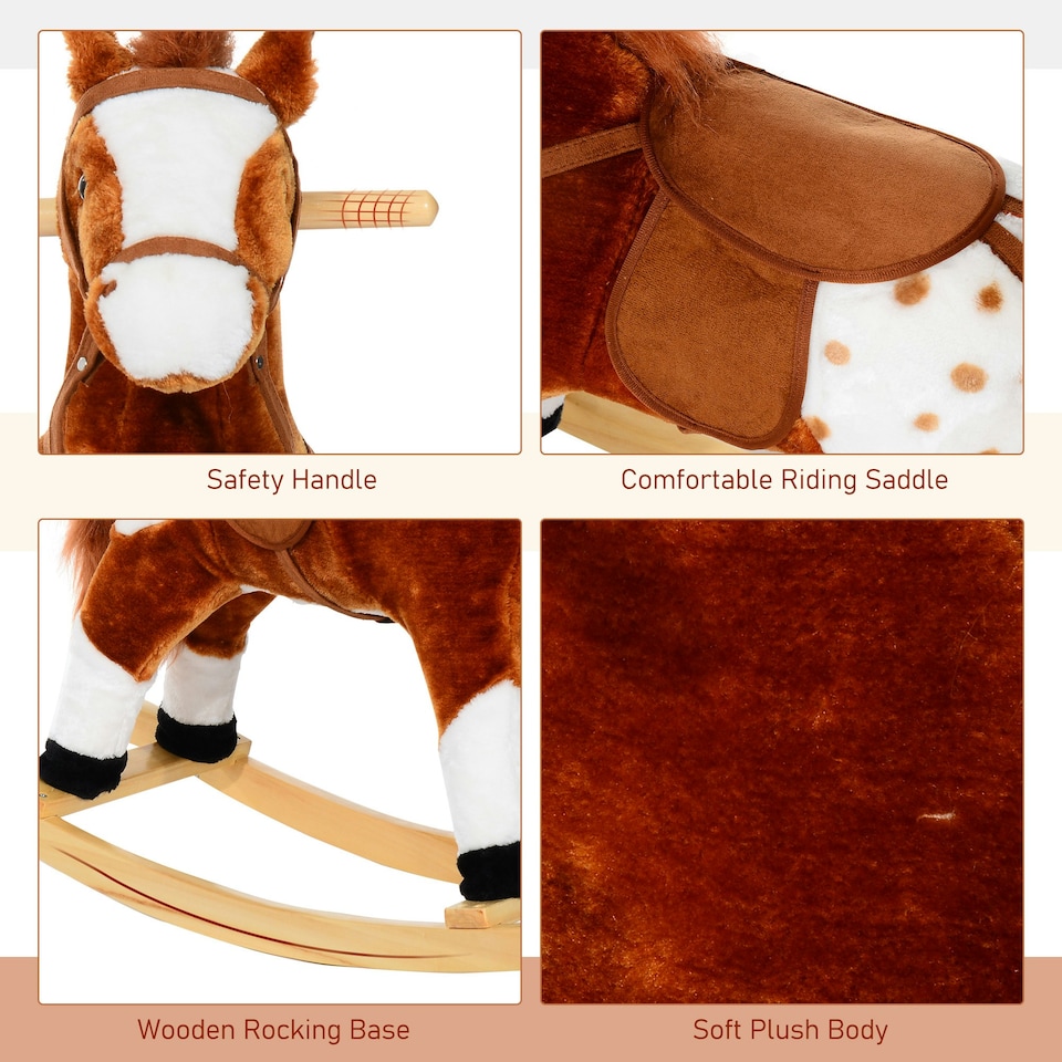 image 1 of HOMCOM Rocking Horse Toy Plush Wood Pony Riding Rocker Neigh Sound Brown