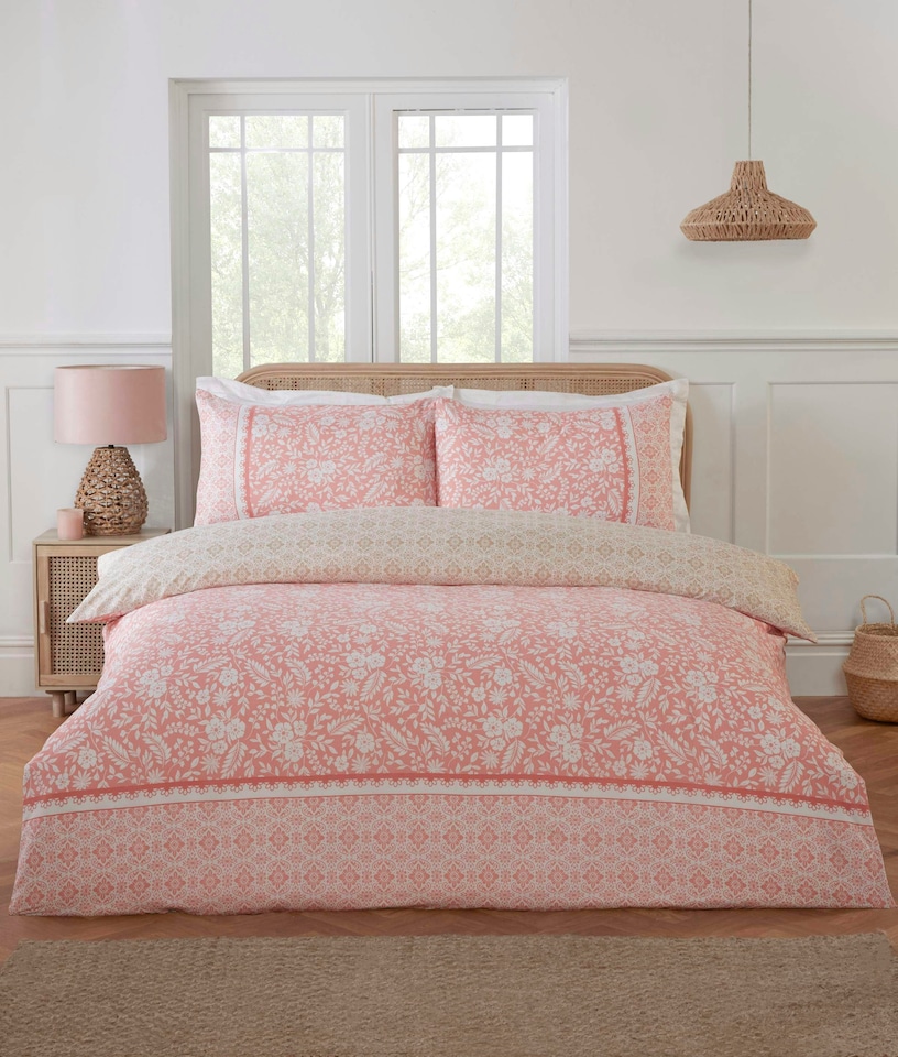 image 1 of Eleanor Floral Microfibre Reversible Duvet Cover Set with Pillowcase | Pink | Single