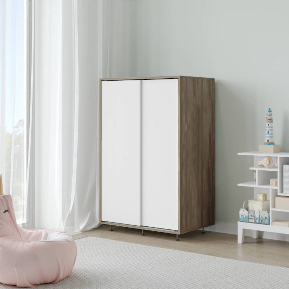 image 1 of URBNLIVING 2 Sliding Door Wardrobe 120cm Freestanding Unit | Multi | Oak Carcass + White Doors | 1
