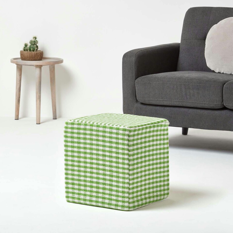 image 1 of Homescapes Green Gingham Check Cotton Cube Pouffe - 36 x 36 x 38 cm | Green | 36 x 36 x 38 cm