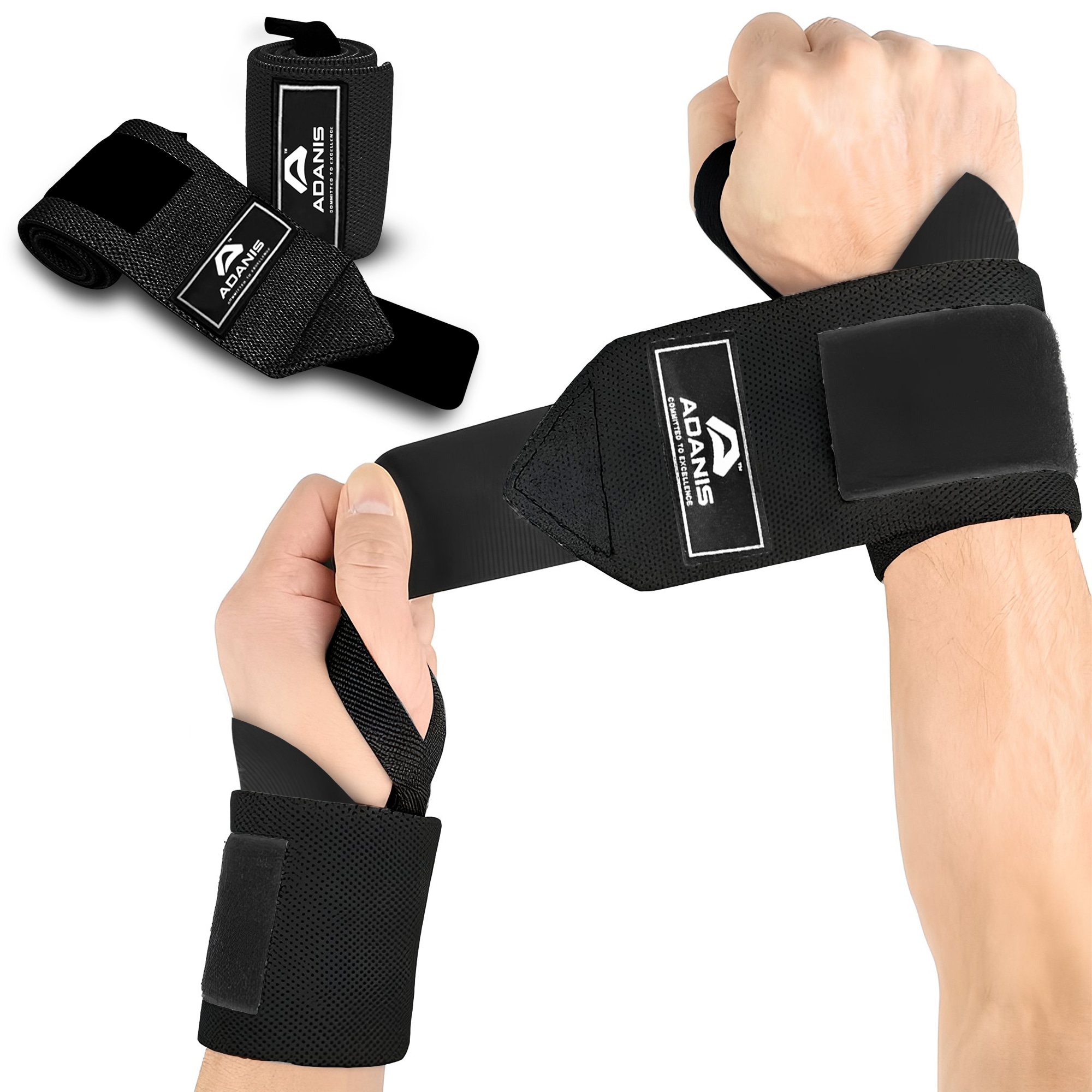 Adanis Wrist Wraps for Weightlifting (Pair) - 50cm, Adjustable Wrist Support in Black