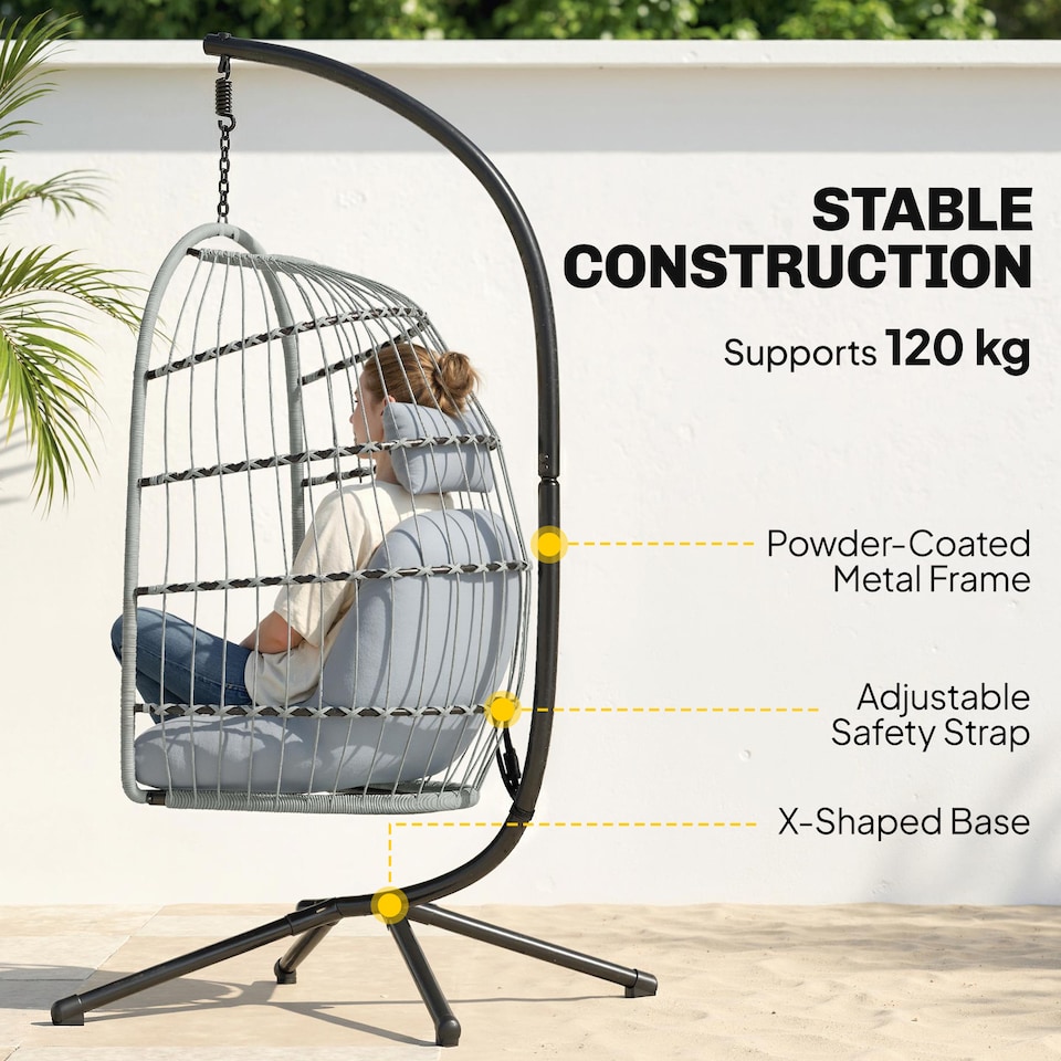 image 1 of Outsunny Hanging Egg Chair, Outdoor Swing Chair with Stand, Light Grey | Grey | Light Grey | One Size