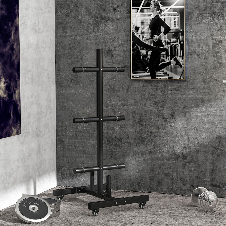 image 1 of SPORTNOW Olympic Weight Plate Rack with 4 Wheels and 6 Fasten Clamps