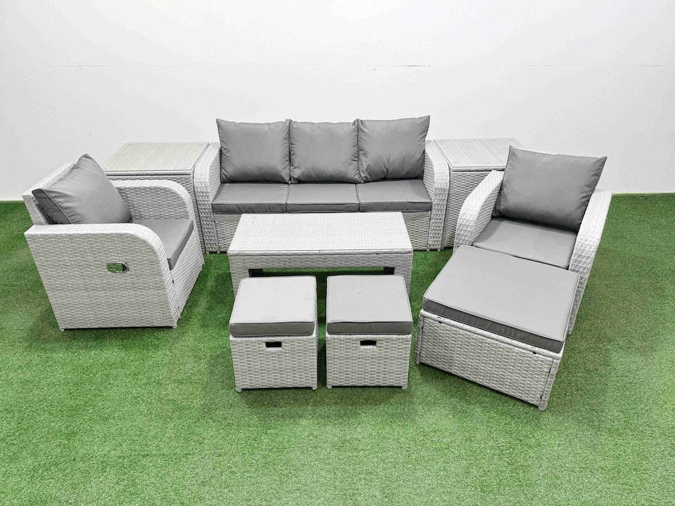 image 1 of Fimous PE Rattan Garden Furniture Set Reclining Chair Sofa Lounge Sofa Set Rectangular Coffee Table 2 Side Table 3 Stools Light Grey