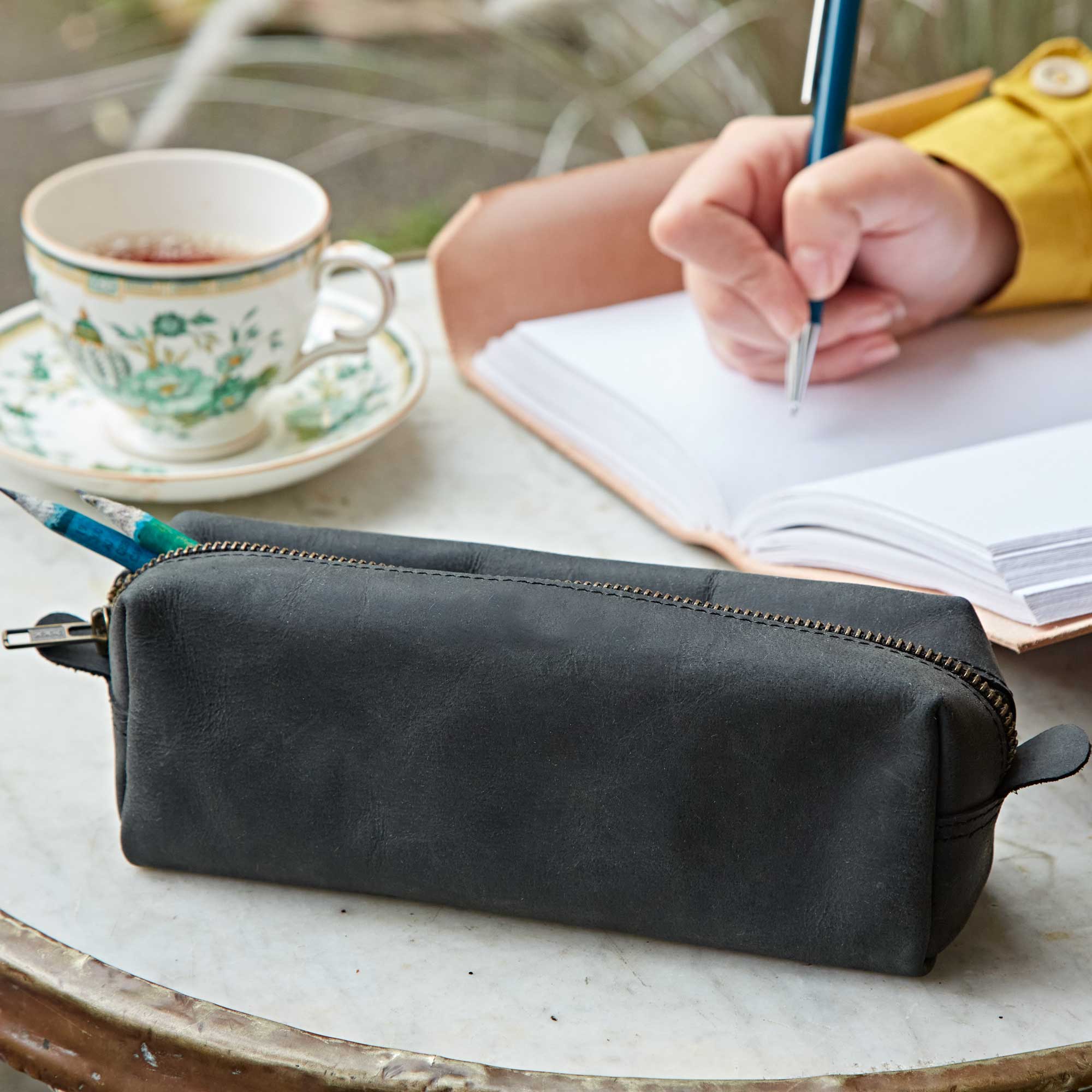 Paper High Buffalo Leather Square Pencil Case in Black