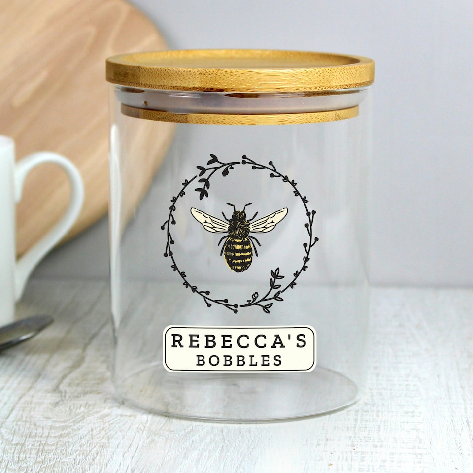 image 1 of Personalised Bee Glass Jar with Bamboo Lid