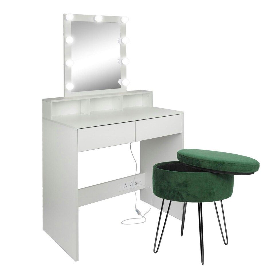 image 1 of Harbour Housewares Wooden Dressing Table Set with LED Lights & Green Stool - White Green