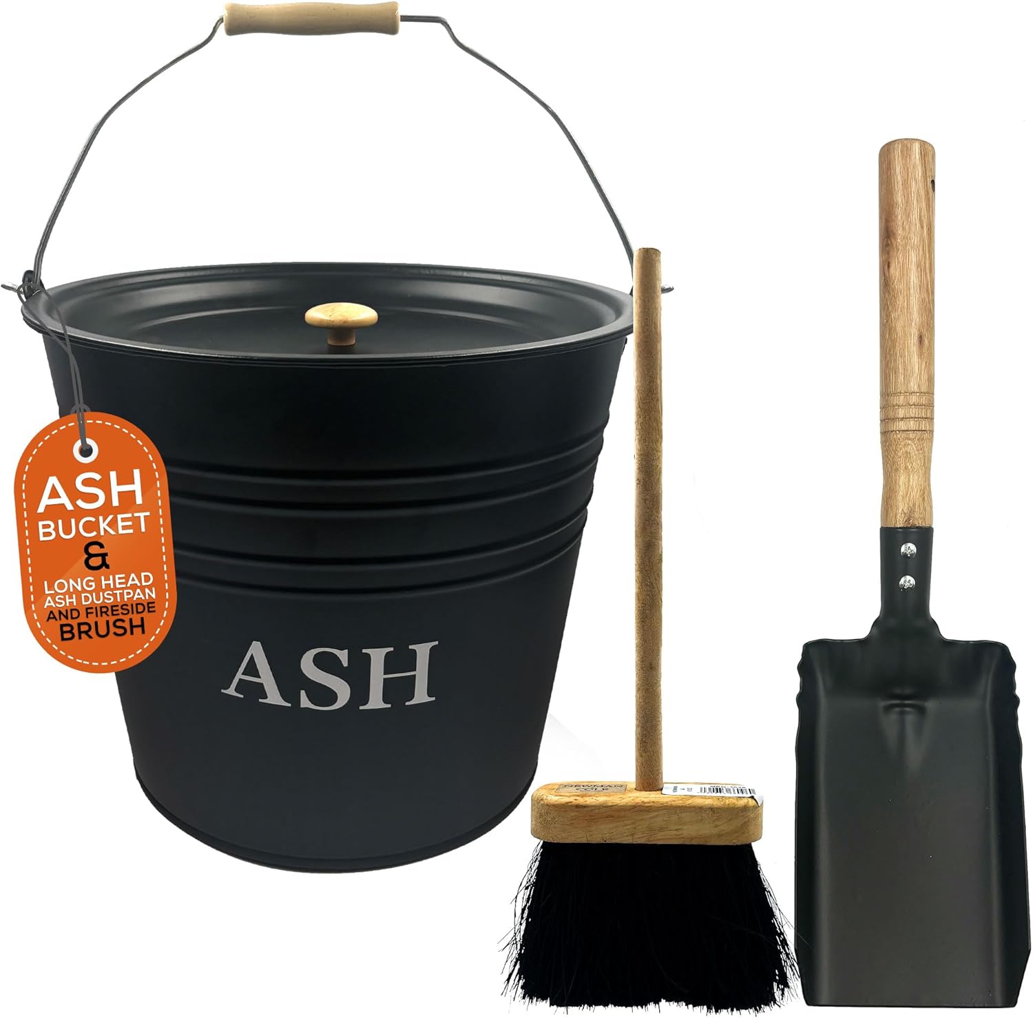 Metal Ash Bucket with Lid and Fireside Companion Set Coal Shovel and Brush Kit