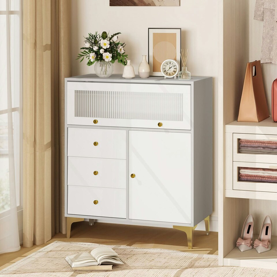 image 1 of COSTWAY Chest of Drawers Storage Cabinet w/Pull-out Drawers Grey