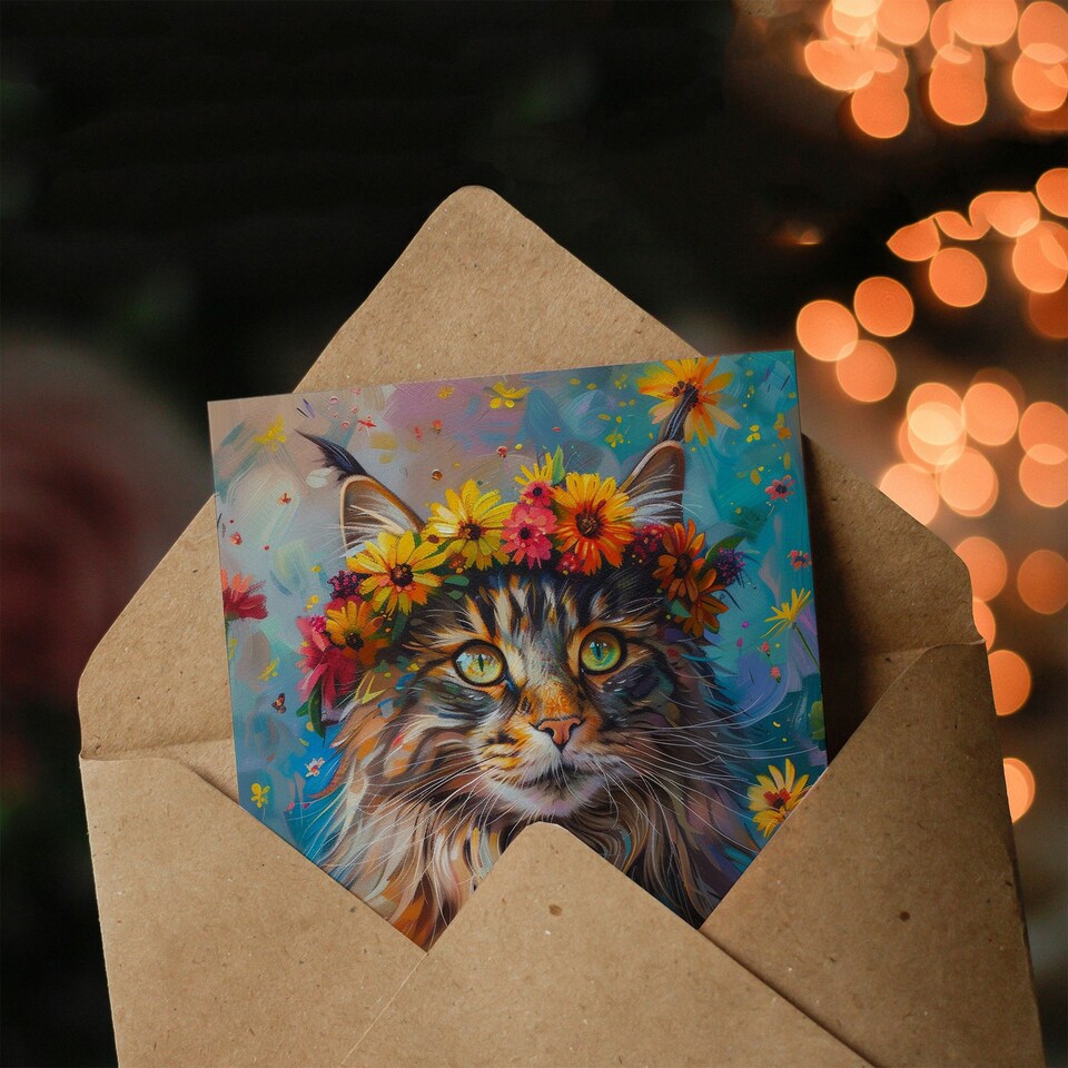 image 1 of Cat Lover Maine Coon Flower Crown Woman Her Birthday Card