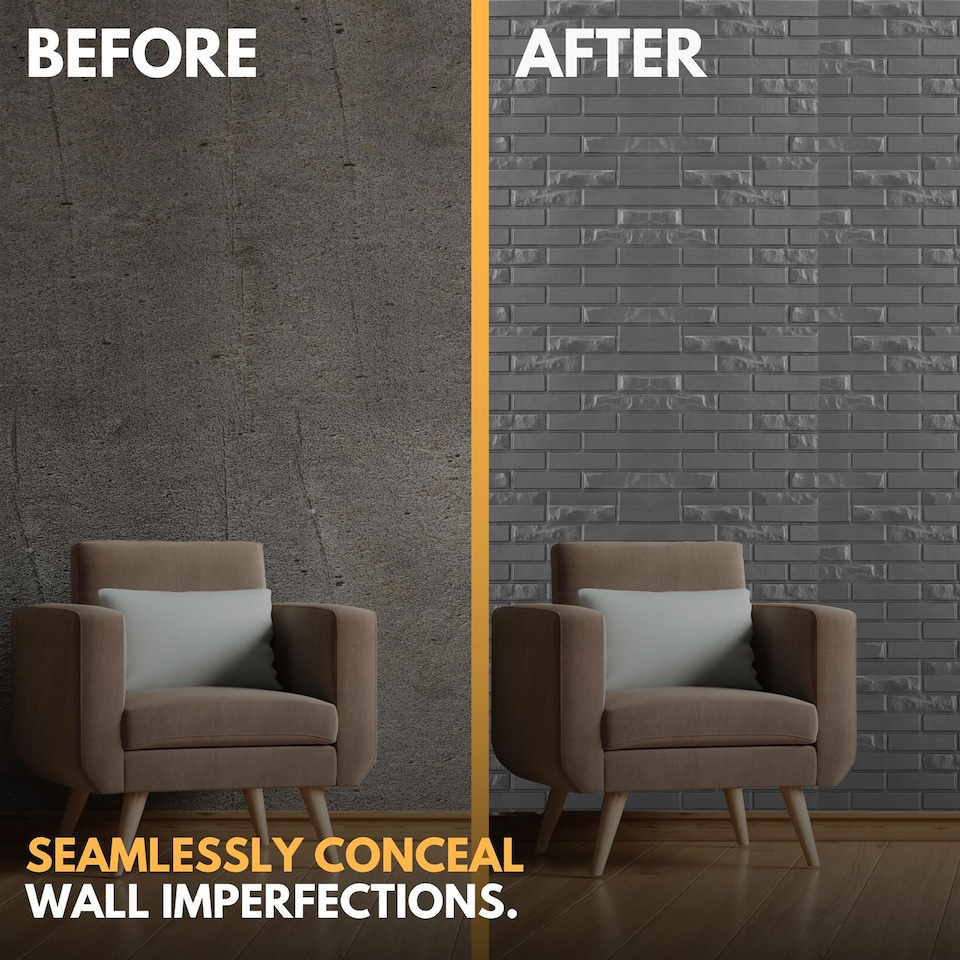 image 1 of NOVECRAFTO Decorative 3D Wall Panels (50cm x 50cm) Urban Brick Design PVC Cladding Panel | Grey | Matt Silver Grey | M | 6