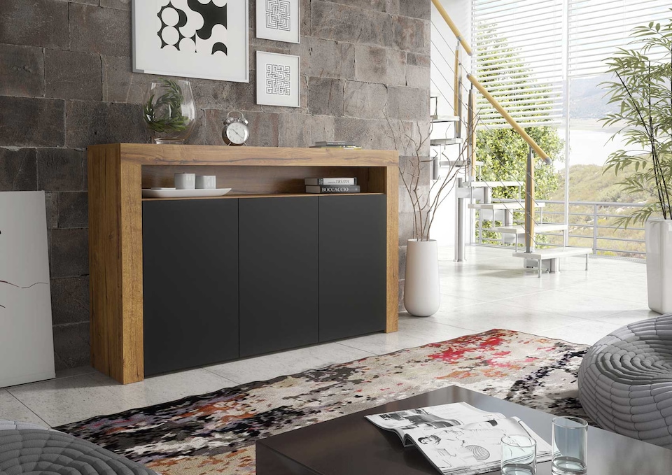 image 1 of Sideboard TV Unit TV Stand Oak Black Storage Cabinet Media Console Cupboard 155cm