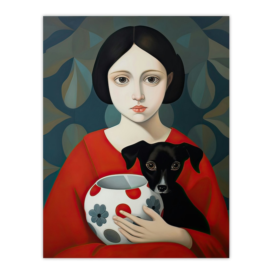 image 1 of Few My Favourite Things Girl Puppy Vase Black Framed Wall Art Print A4
