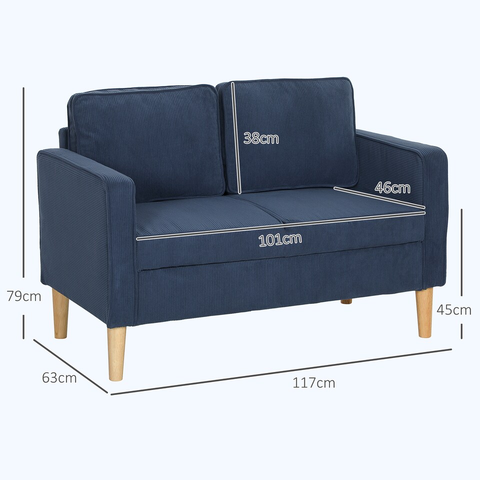 image 1 of HOMCOM 2 Seater Sofa with Storage, Compact Loveseat Sofa with Solid Wood Legs, Corduroy Small sofa Settee for Living Room, Bedroom, Home Office, 117 x 63 x 79cm, Blue | Blue | One Size