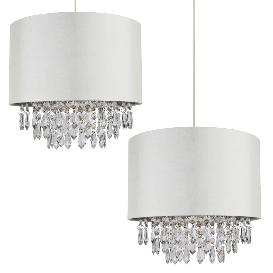image 1 of First Choice Lighting Set of 2 300mm Cream Faux Silk Easy Fit Shade with Chrome Inner and Clear Droplets Cream | Clear