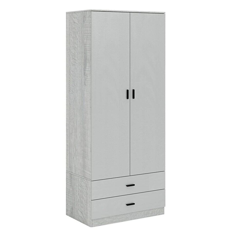 image 1 of 2-Door 2-Drawer Wardrobe with Storage Shelf, and Hanging Space - 180x75x46cm | Grey | Ash Grey & Grey | 1