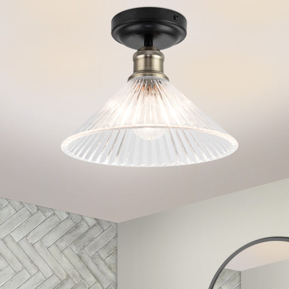 image 1 of COSYLYTE Bowley Bathroom Light Classic Ribbed Glass Ceiling Flush Light - Matt Black | Gold | 1