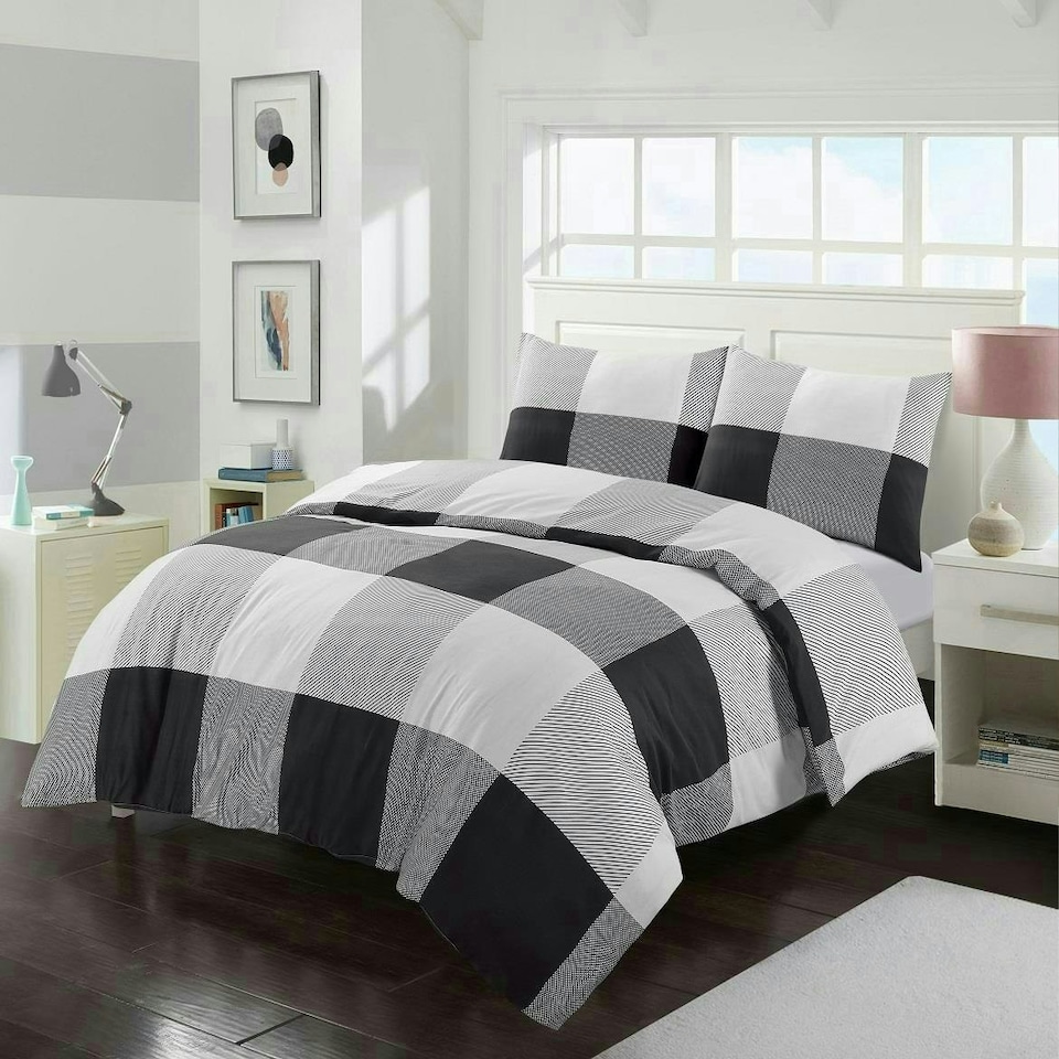 image 1 of Chequered Check Mono Duvet Cover Set - Double - Black | Black | Double