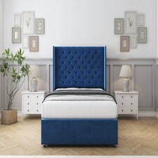 Sloomy Dior Navy Plush Divan Bed With Mattress No Drawers With 54" Wingback Headboard 3' Single | Blue | Navy | Single | 1