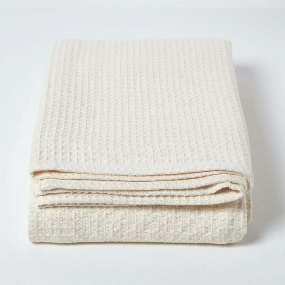 image 1 of Homescapes Organic Cotton Waffle Blanket/ Throw Natural - 250 x 230 cm