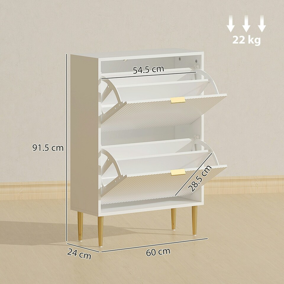 image 1 of HOMCOM Slim Shoe Storage Cabinet with 2 Flip Drawers for Hallway White | Gold | 60W x 24D x 91.5H cm