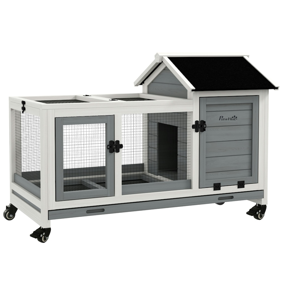 image 1 of PawHut Rabbit Hutch, Guinea Pig Cage with Wheels, Outdoor/Indoor, Grey