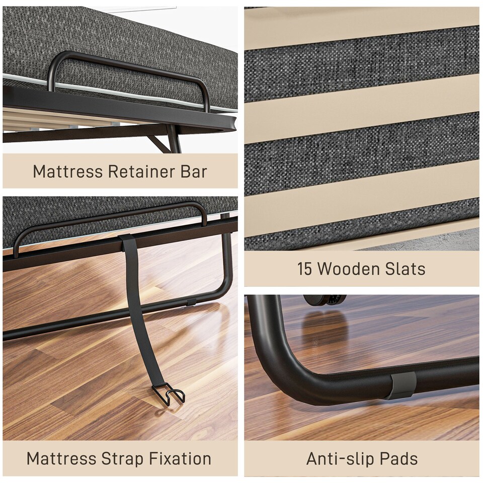 image 1 of HOMCOM Folding Bed with Mattress, Foldable Guest Bed on Wheels, Portable Single Bed with 10cm Mattress, Side Pockets, Cover, 190 x 80cm, Dark Grey