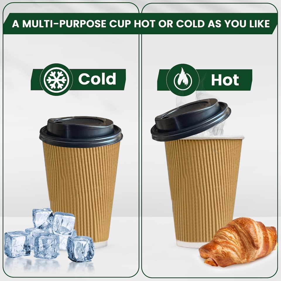 image 1 of ECONX 12oz Disposable Coffee Cups With Black Lid Ripple Insulated Paper Cups 100pc