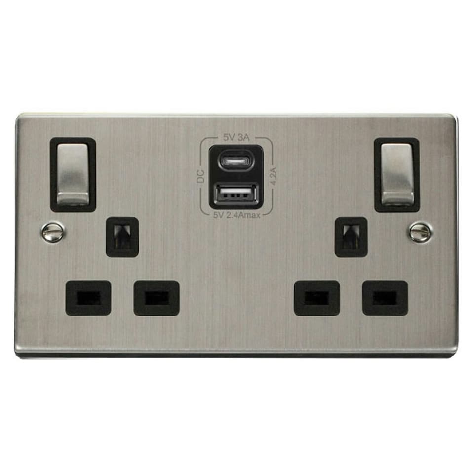 SE HOME Stainless Steel 2 Gang 13A DP Ingot Type A & C USB Twin Double Switched Plug Socket Black | Stainless Steel
