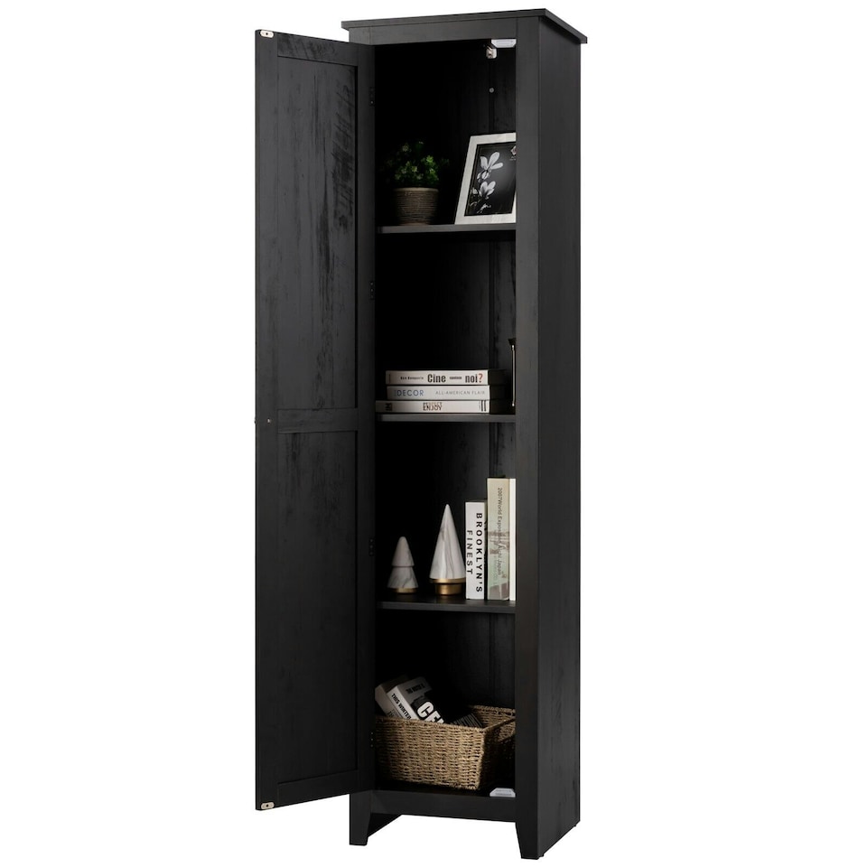 image 1 of COSTWAY Wood Tall Storage Cabinet 4 Tires Display Organizer Black