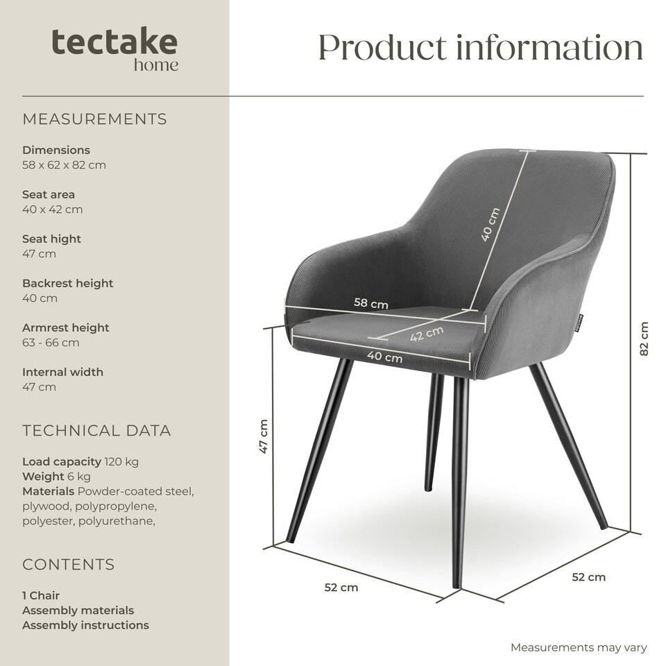 image 1 of Dining Chair Marilyn - corduroy look, upholstered, armchair, continuous backrest - per piece Grey | Grey/Black