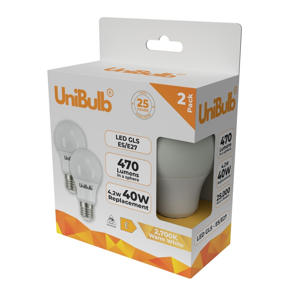 image 1 of UniBulb LED GLS E27 470lm 4.2W 2700K (Warm White) Light Bulb - Pack of 2