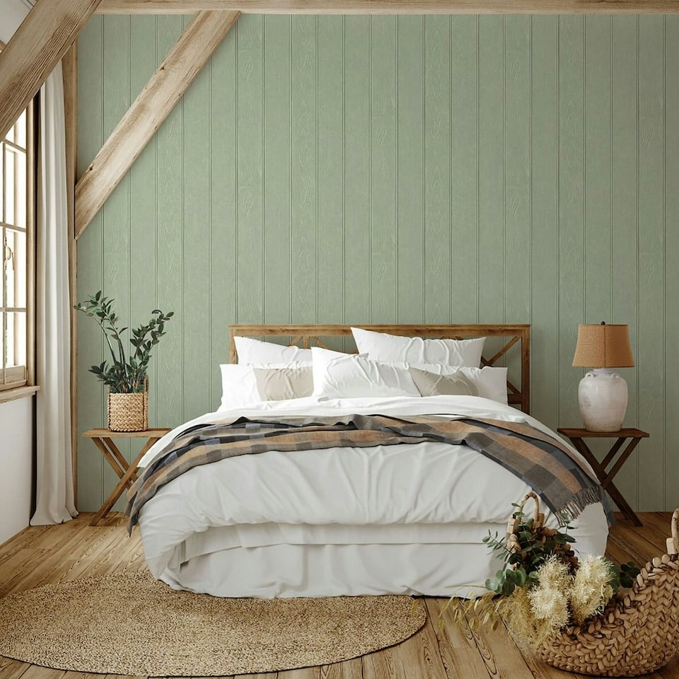 image 1 of Belgravia Beaded Wood Panel Wallpaper - Sage Green - 10m x 53cm Green