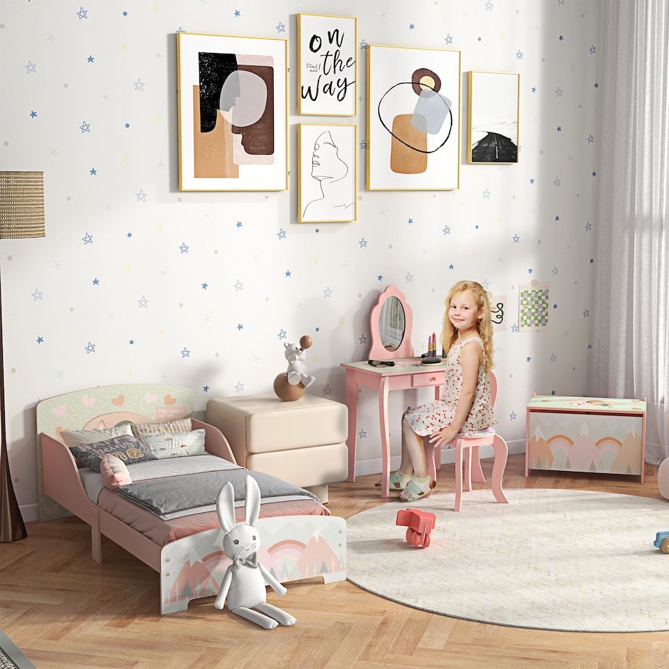 image 1 of ZONEKIZ Kids Dressing Table with Mirror and Stool, Girls Vanity Table Makeup Desk with Drawer, Cute Animal Design, for Ages 3-6 Years, Pink