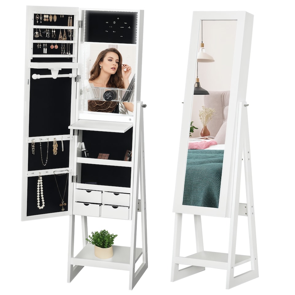 image 1 of HOMCOM Jewellery Cabinet, Standing Mirror with LED Lights, Full-Length Mirror with Storage Drawers, Hooks and Shelves, Make-Up Armoire, Jewellery Organiser for Bedroom, White