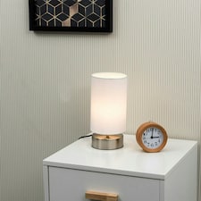 ValueLights Brushed Chrome Touch Dimmer Bedside Table Lamp with White Cylinder Light Shade and Dimmable Candle Bulb 3000K Warm White White